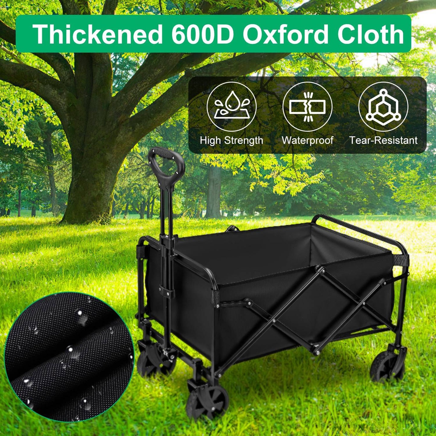 5in Wheel No Brake 100L Collapsible Folding Wagon Cart With Adjustable Handle 220LBS Load Capacity Heavy Duty Foldable Utility Outdoor Wagon For Camping Shopping Garden