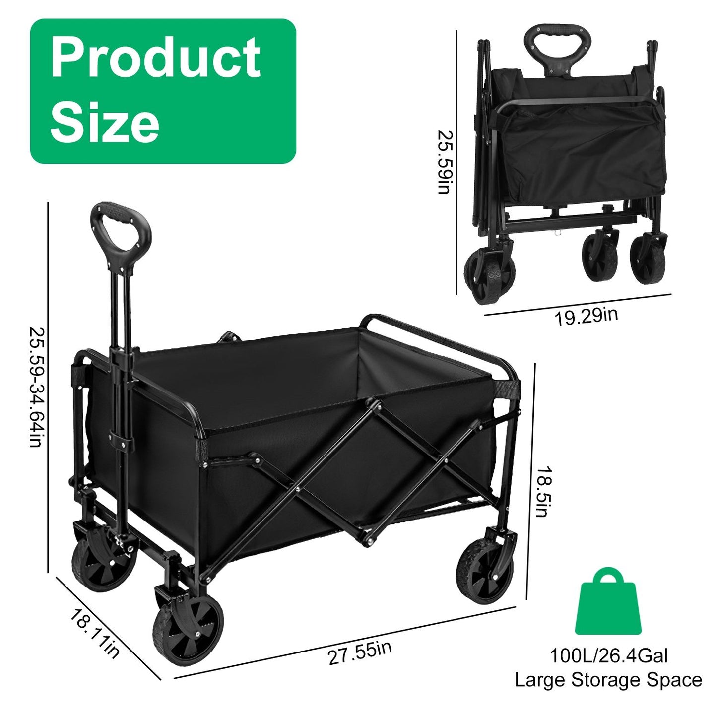 5in Wheel No Brake 100L Collapsible Folding Wagon Cart With Adjustable Handle 220LBS Load Capacity Heavy Duty Foldable Utility Outdoor Wagon For Camping Shopping Garden