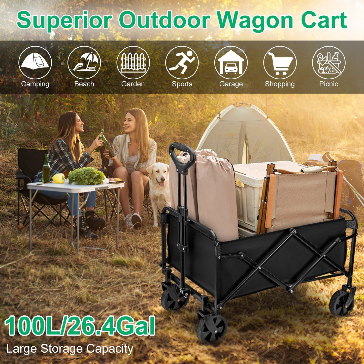 5in Wheel No Brake 100L Collapsible Folding Wagon Cart With Adjustable Handle 220LBS Load Capacity Heavy Duty Foldable Utility Outdoor Wagon For Camping Shopping Garden