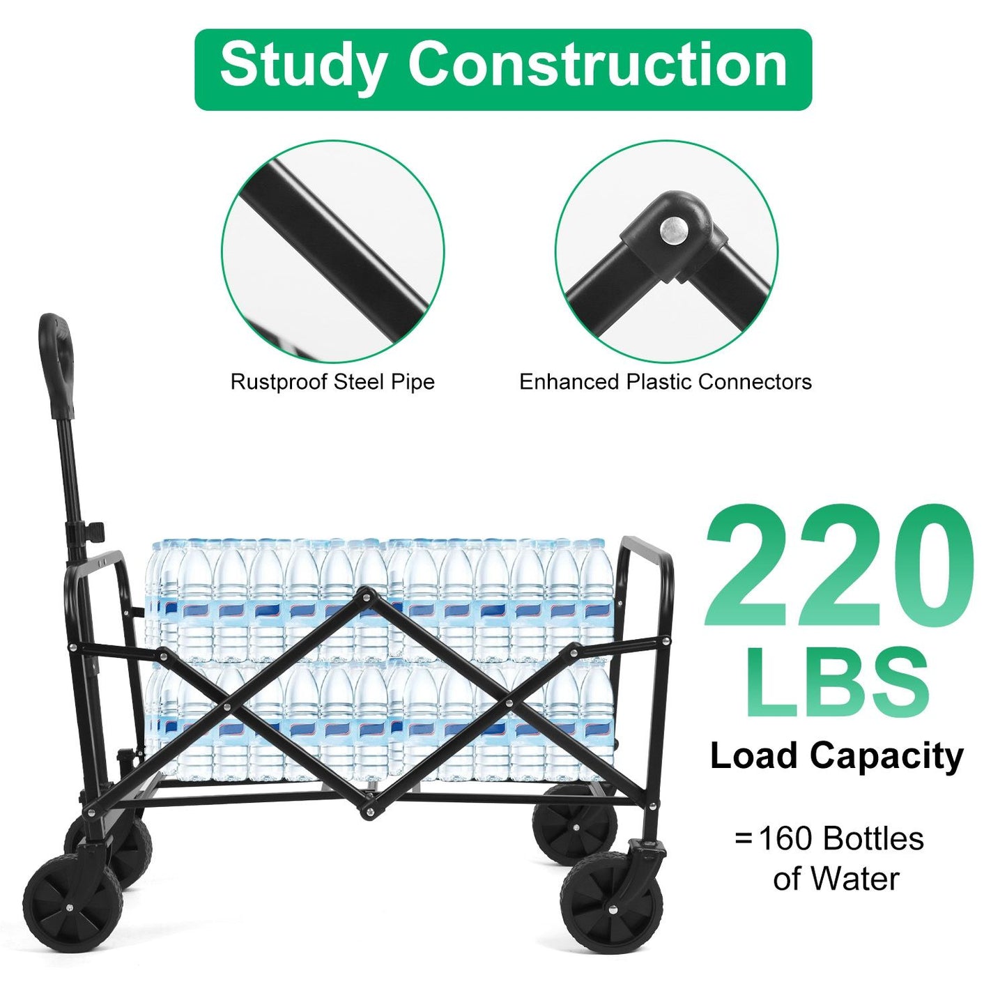 5in Wheel No Brake 100L Collapsible Folding Wagon Cart With Adjustable Handle 220LBS Load Capacity Heavy Duty Foldable Utility Outdoor Wagon For Camping Shopping Garden