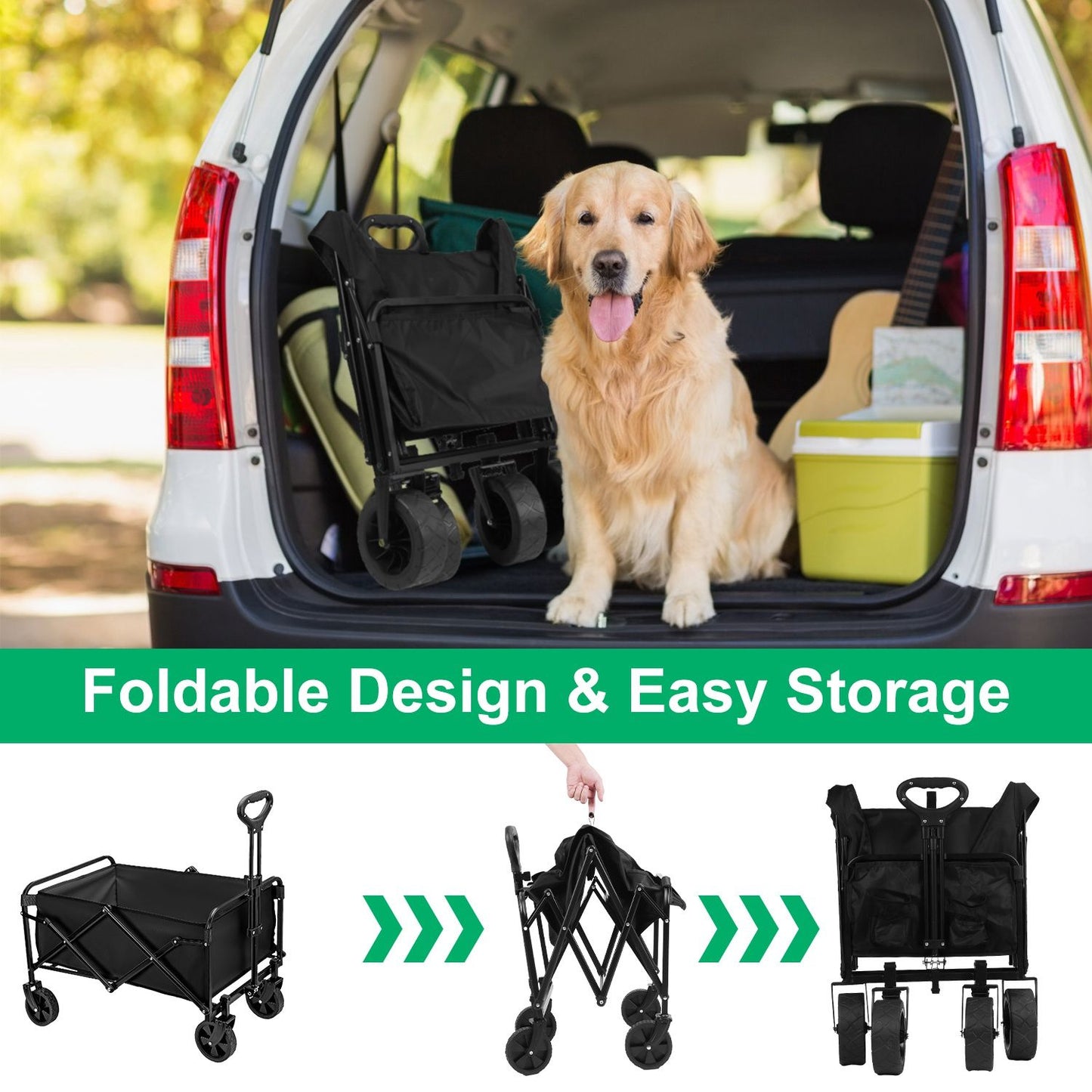 5in Wheel No Brake 100L Collapsible Folding Wagon Cart With Adjustable Handle 220LBS Load Capacity Heavy Duty Foldable Utility Outdoor Wagon For Camping Shopping Garden